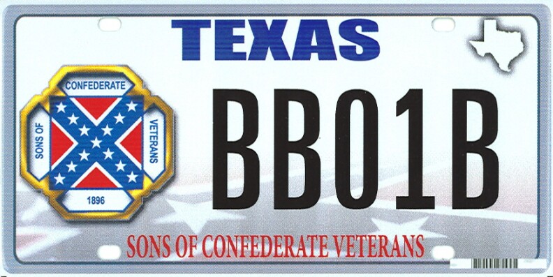 This image provided by the Texas Department of Motor Vehicles shows the design of a proposed Sons of Confederate Veterans license plate.  The Supreme Court on March 23, 2015, will weigh a free-speech challenge to Texas’ decision to refuse to issue a license plate bearing the Confederate battle flag. Specialty plates are big business in Texas, where drivers spent $17.6 million last year to choose from among more than 350 messages the state allows on the plates.  (AP Photo/Texas Department of Motor Vehicles)