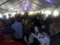 Metro staged a career resource fair for construction work in a tent outside the MTA building