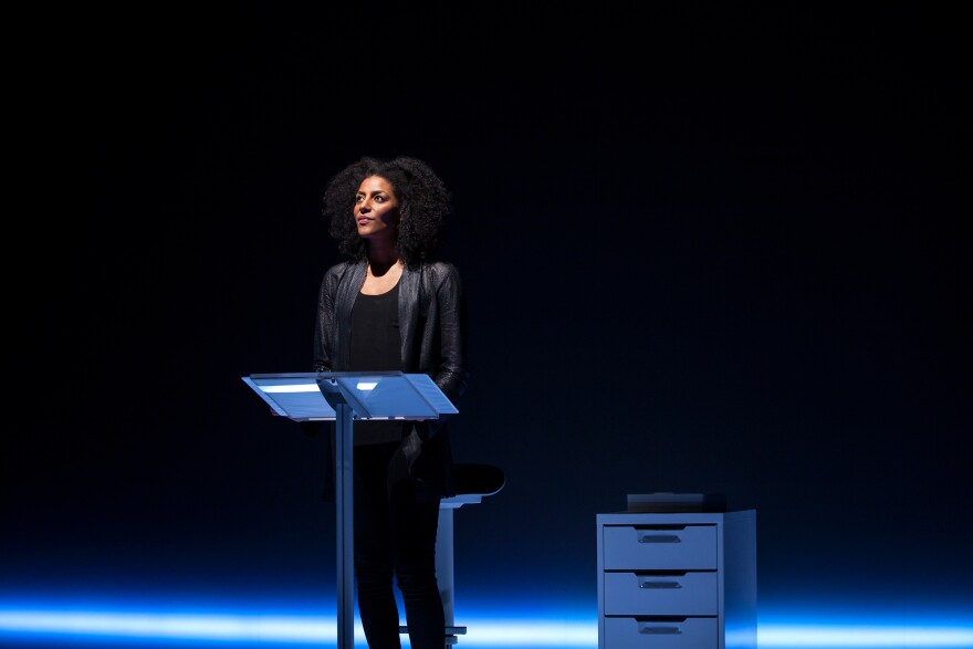Sarah Jones in "Sell/Buy/Date" at the Geffen Playhouse.