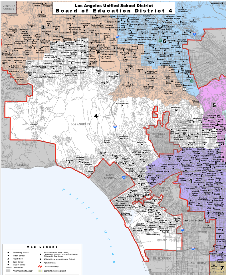 LAUSD board District 4 is shown in white, encompassing the west side and up into San Fernando Valley.