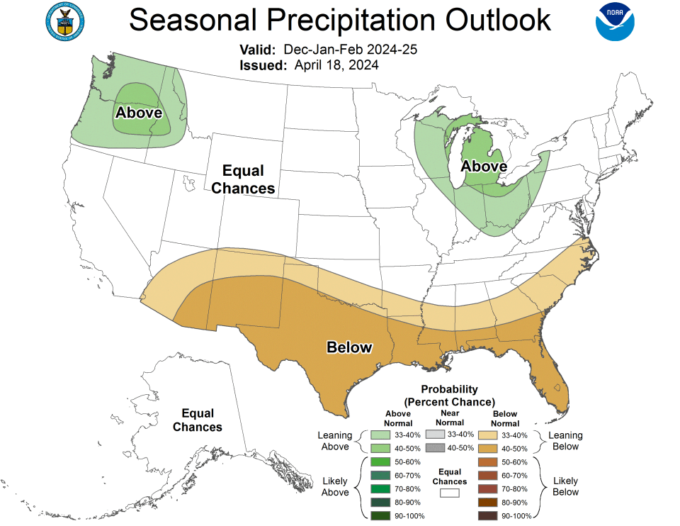 A map of the United States showing that precipitation could be normal in California.