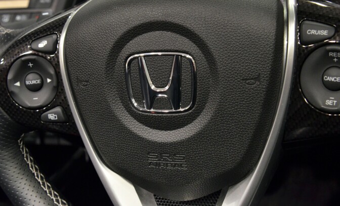 This picture taken on July 6, 2015 shows an airbag of a Honda vehicle in Tokyo. Japanese automaker Honda said on July 9 the company was recalling another 4.5 million vehicles globally, as a scare over a deadly defect in Takata-made airbags widens.  AFP PHOTO / Yoshikazu TSUNO        (Photo credit should read YOSHIKAZU TSUNO/AFP/Getty Images)
