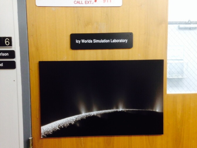 The door to the Icy Worlds Simulation Laboratory at NASA's Jet Propulsion Lab in Pasadena.