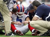 Starting Quarterback Trent Edwards #5 of the Buffalo Bills suffers a concussion after getting hit by Strong Safety Adrian Wilson #24 of the Arizona Cardinals during the first half of their NFL game on Oct. 5, 2008 at Stadium in Glendale, Arizona.