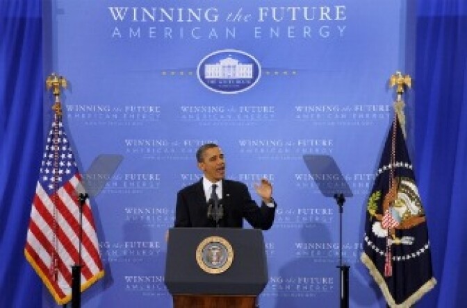 US President Barak Obama delivers an address on his administration's strategy on the future of American energy, at Georgetown University, in Washington, DC, March 30, 2011.