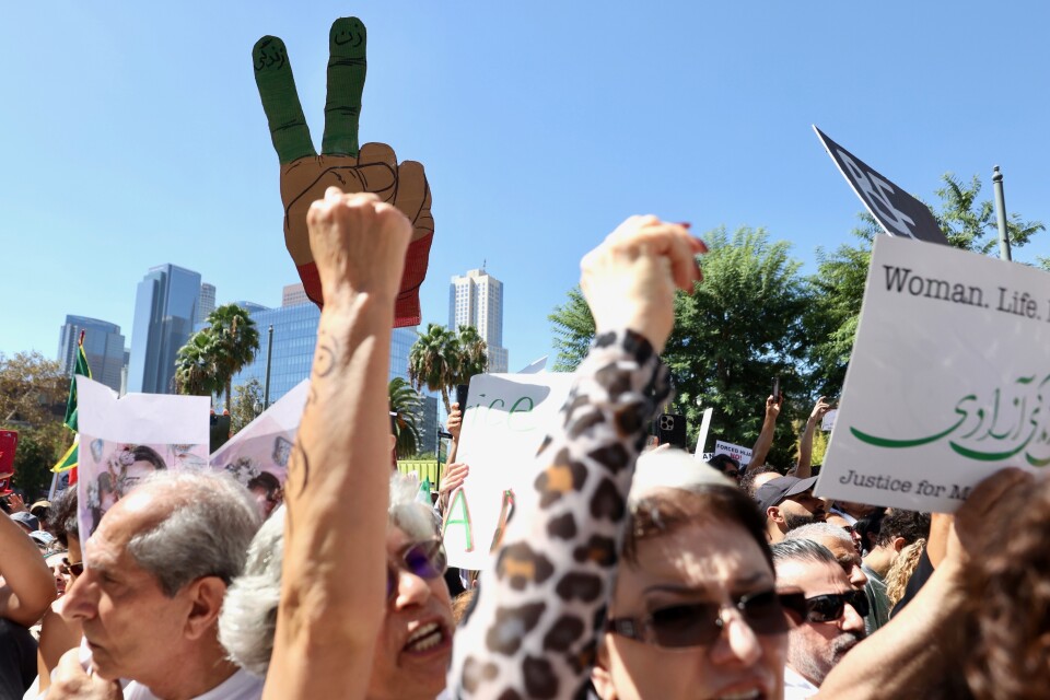 Protesters fists are raised in the air with the L.A. skyline in the background