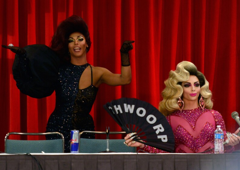 LOS ANGELES, CA - APRIL 30:   Shangela (L) and Alyssa Edwards onstage during the 3rd Annual RuPaul's DragCon day 2 at Los Angeles Convention Center on April 30, 2017 in Los Angeles, California.  (Photo by Chelsea Guglielmino/Getty Images)