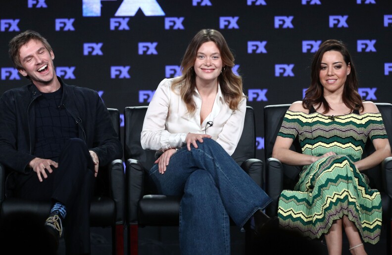 Actors Dan Stevens, Rachel Keller, and Aubrey Plaza of the television show Legion speak onstage during the 2018 Winter Television Critics Association Press Tour at The Langham Huntington, Pasadena on January 5, 2018.