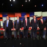NORTH CHARLESTON, SC - JANUARY 14:  Republican presidential candidates (L-R) Ohio Governor John Kasich, New Jersey Governor Chris Christie, Sen. Marco Rubio (R-FL), Donald Trump, Sen. Ted Cruz (R-TX), Ben Carson and Jeb Bush arrive to participate in the Fox Business Network Republican presidential debate at the North Charleston Coliseum and Performing Arts Center on January 14, 2016 in North Charleston, South Carolina. The sixth Republican debate is held in two parts, one main debate for the top seven candidates, and another for three other candidates lower in the current polls.  (Photo by Andrew Burton/Getty Images)