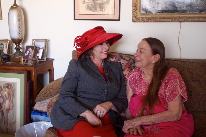 Patt Morrison (left), with actress Patricia Morison at Ms. Morison's apartment in Park La Brea.