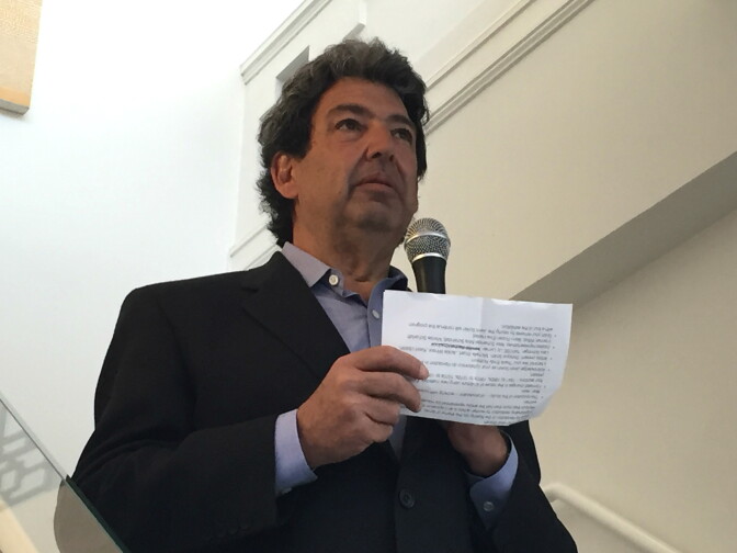 Paul Schimmel addresses the media at the press opening of Hauser Wirth & Schimmel in the downtown LA arts district.