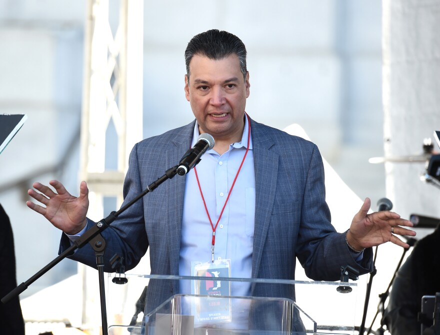 Secretary of State of California Alex Padilla speaks onstage at 2018 Women's March Los Angeles at Pershing Square on January 20, 2018 in Los Angeles, California.