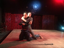Actors Ramon De Ocampo (front) and Daniel Bess rehearse a fight scene in the Antaeus Company's production of "Henry IV, Part I" in North Hollywood. 