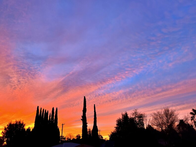 Streaks of orange peach and pink light up the morning sky.