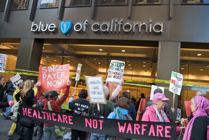 Protesters advocate for health care reform in San Francisco's Financial District on October 28, 2009. 