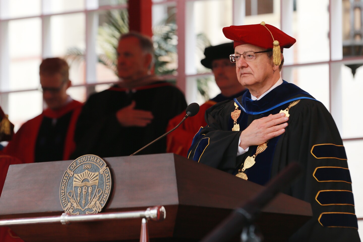 LOS ANGELES, CA - MAY 11:  School President of USC CL Max Nikias attends The University Of Southern California's Commencement Ceremony at Alumni Park at USC on May 11, 2018 in Los Angeles, California.  (Photo by Leon Bennett/Getty Images)