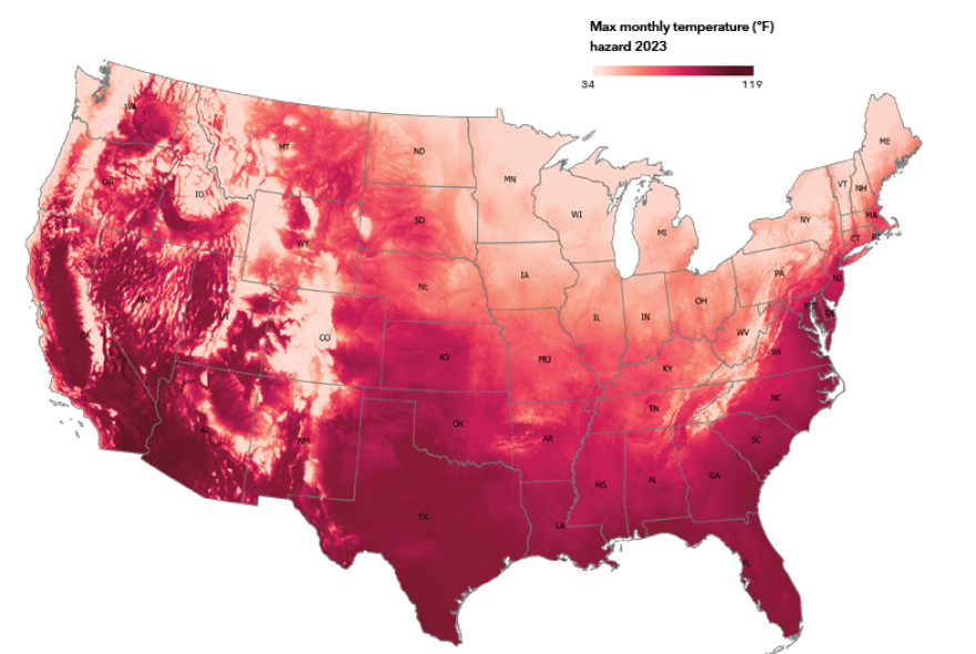 A map shows deep red on the west and southern U.S.