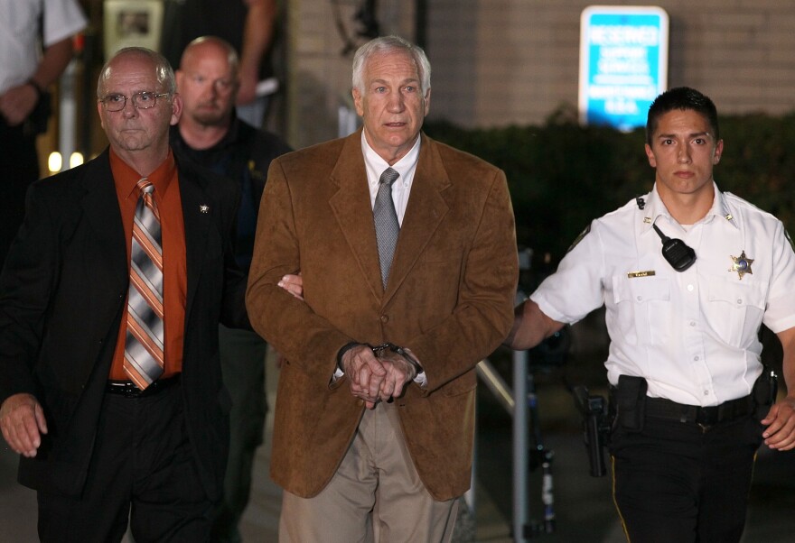 BELLEFONTE, PA - JUNE 22:  Former Penn State assistant football coach Jerry Sandusky, leaves court in handcuffs after being convicted in his child sex abuse trial at the Centre County Courthouse on June 22, 2012 in Bellefonte, Pennsylvania. The jury found Sandusky guilty on 45 of 48 counts in the sexual abuse trial of the former Penn State assistant football coach, who was charged with sexual abuse of 10 boys over a 15-year period.  (Photo by Mark Wilson/Getty Images)