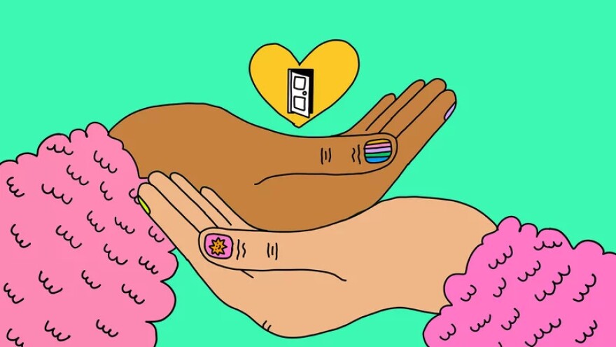 An illustration of two hands overlapping each other with a door above them that's inside a heart.