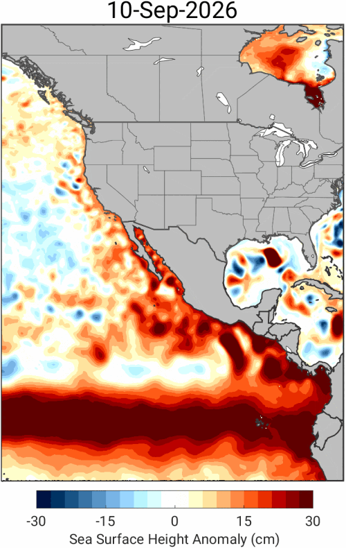 A graphic showing red intensity of kelvin waves off the west coast.