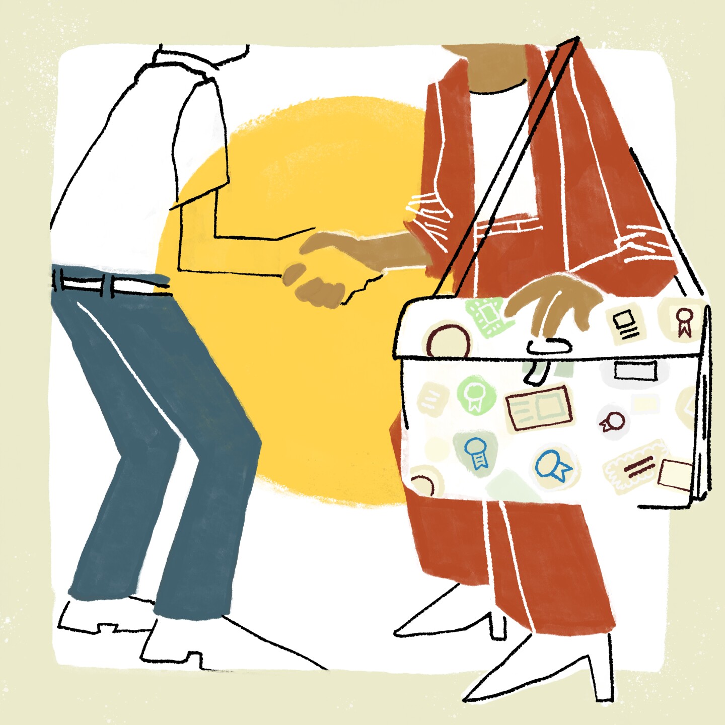 The bodies of two people shaking hands, one with an oversized bag with stickers of credentials all over it; a large sun makes up the backdrop.