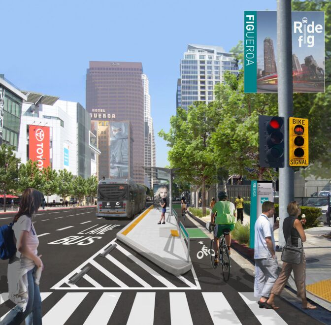 A rendering of the intersection at Figueroa and 11th streets. These new bike lanes will be the first of their kind in L.A.