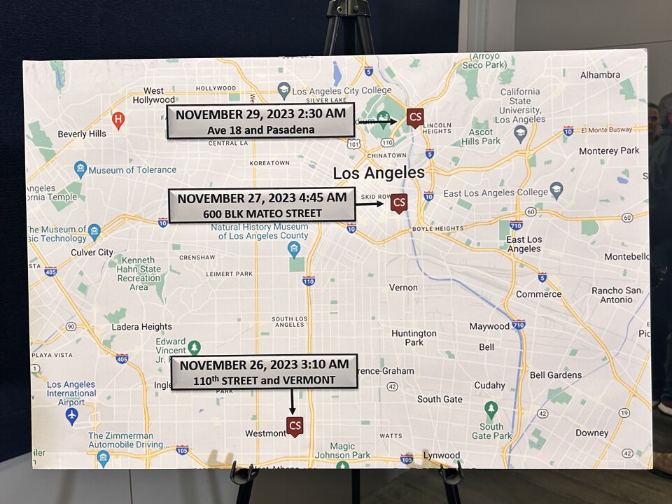 A map of Los Angeles with three different points marked across the city. Each point has a date, time, and location.
