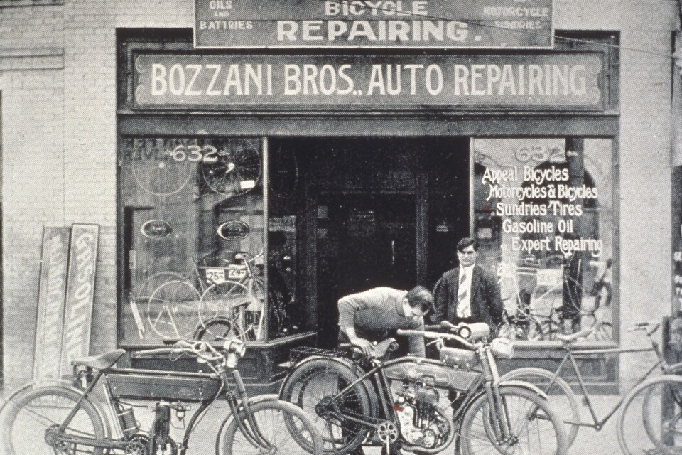 The Bozzani brothers' bicycle store, located adjacent to the Italian Hall in the heart of L.A.'s Little Italy. With the advent of the automobile, the Bozzani brothers became one of the earliest auto and motorcycle dealerships in the region.