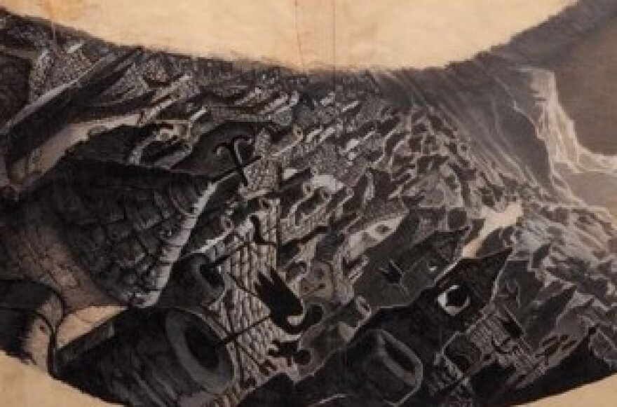 Gustaf Tenggren concept painting painting from Pinocchio. (Walt Disney, 1940.) Accomplished in ink, charcoal and tempera on two conjoined leaves of 12 ½ in. x 16 ½ in. animation paper; overall length is 33 in. with an image size approx. 12 in. x 28 in. 