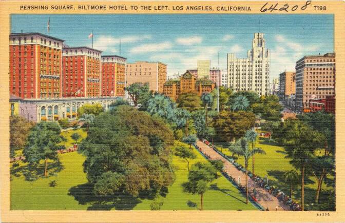 A print postcard (circa 1930 - 45) of Pershing Square with the Biltmore Hotel to the left, Los Angeles, California.