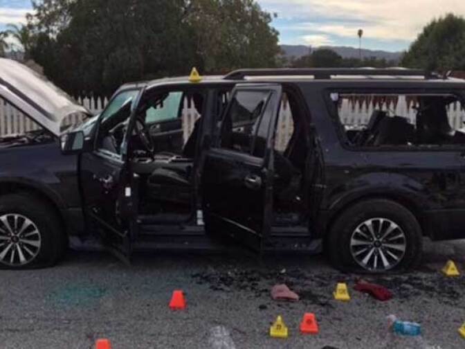 The black SUV driven by the two San Bernardino shooting suspects shot and killed by police.