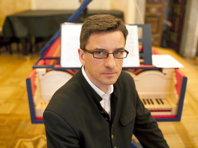 Polish concert pianist, Slawomir Zubrzycki, presents an extremely rare Viola Organista, based on a late 15th-century design by Leonardo da Vinci on October 18, 2013 in Krakow. The instrument which was unveiled this month was built over the last three years by him.