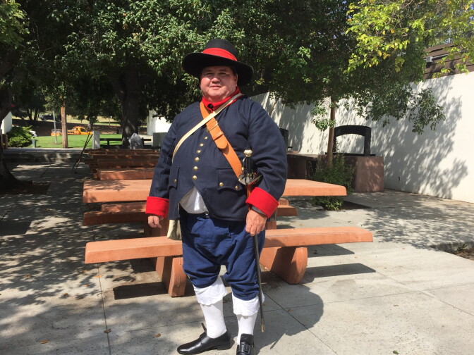 Jon Reed has been involved in historical reenactments since a friend brought him to a Civil War event in 1977. He's dressed as a typical Spanish soldier of 1776, when the Anza Expedition hit Los Angeles on its way to San Francisco. 