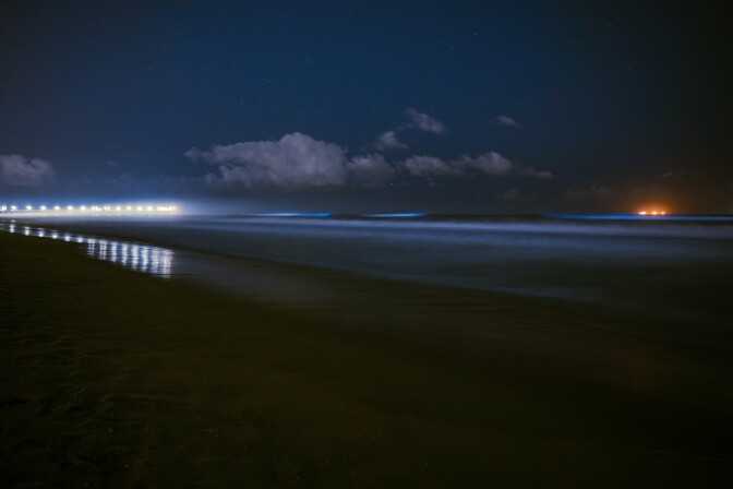 Blue waves are visible on a dark beach. 