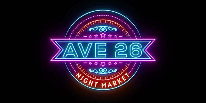 A neon-style poster for the Avenue 26 Night market in Pico Rivera. The poster features the logo for the event, which is just the same in blue, purple and red neon.