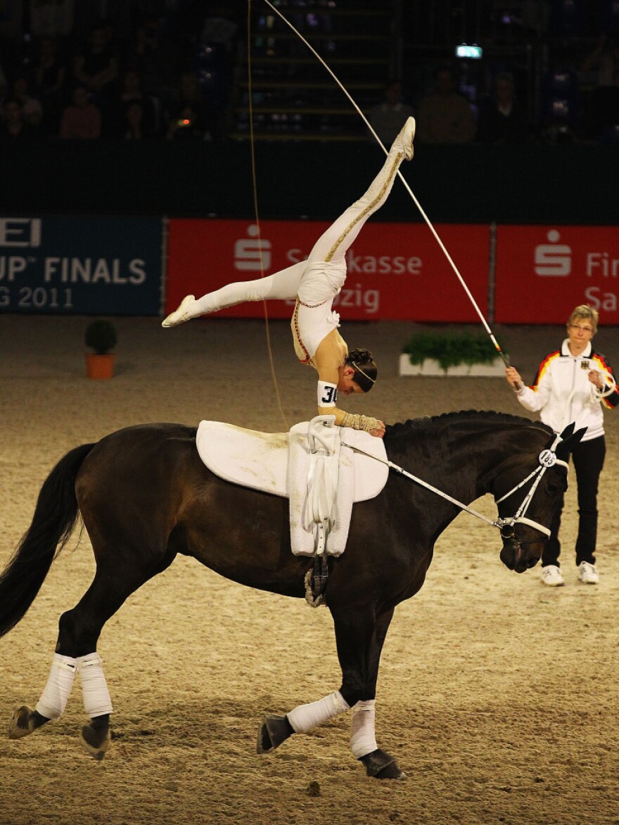 Simone Wiegele of Germany riding "Arkansas" in action during a 2011 competition in Leipzig, Germany. The sport is becoming more popular in the American northwest, and parents of kids who learn horse vaulting say it helps teach concentration and confidence.
