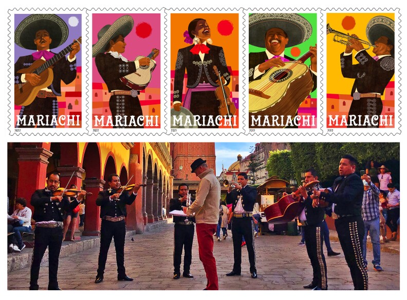 The top of the image is a row of five stamps each featuring one of five iconic Mariachi instruments— the guitarra, guitarrón, vihuela, violin and the trumpet— and the musician playing them. The bottom of the image shows the artist, in red pants, a cream-colored jacket and dark hat standing in the midst of a group of Mariachi musicians.