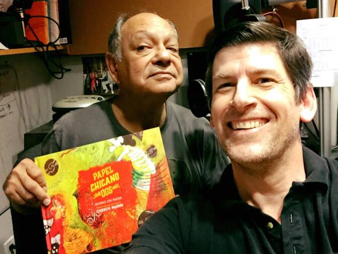 Chicano art hero Cheech Marin and Off-Ramp host John Rabe in the Off-Ramp Pavilion at KPCC, for Cheech's latest book, "Papel Chicano Dos," the second volume of works on paper from Cheech's collection.