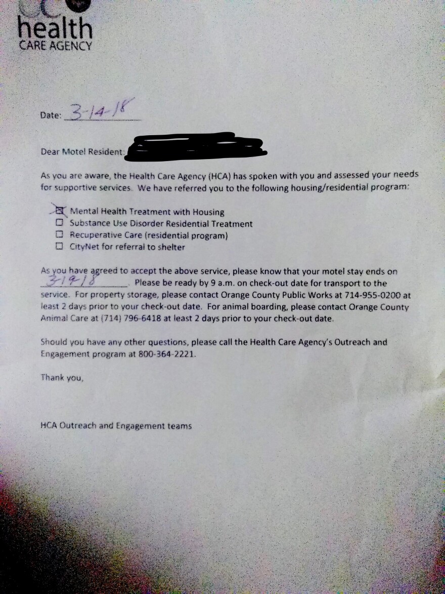 A letter received by one homeless person living in a motel since being evicted from the Santa Ana River, Mar. 14, 2018.