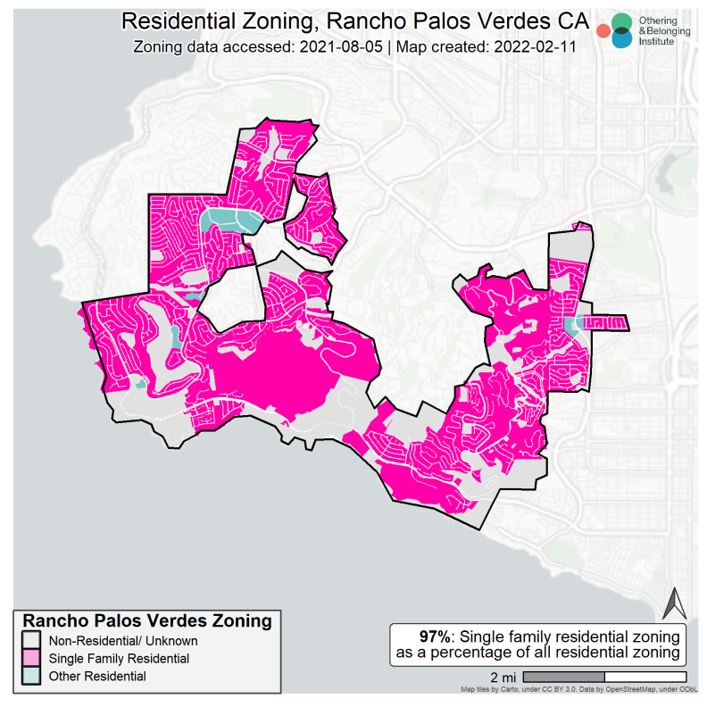 Rancho Palos Verdes map is dominated by deep pink, indicating single family zoning.