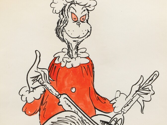 Dr. Seuss drawing of The Grinch carving roast beast from "How the Grinch Stole Christmas."
