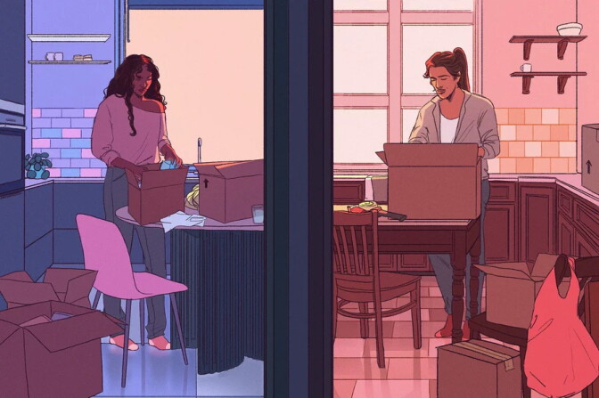 An illustration of a 20- or 30-something couple unpacking boxes in a kitchen. 