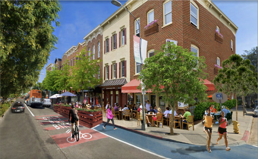 An artist's rendition of a city block with brick buildings, lush trees, bike lines and people running on the sidewalk, biking and eating outside cafes.