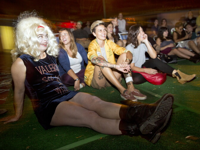 Christina Zeidler, left, performs as a super fan of Valerie Solanas at KillJoy’s Kastle: A Lesbian Feminist Haunted House on Friday night, Oct. 16, 2015 at Plummer Park in West Hollywood.