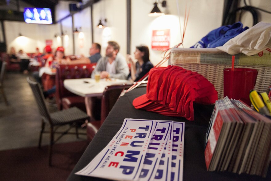 Trump supporters watch the second presidential debate at JJ's Bar & Grill in Santa Clarita, Calif. on Sunday, Oct. 9, 2016.