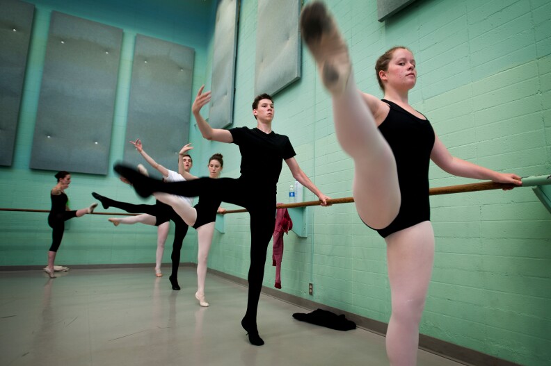 Barrett Cahalen, 16, of Santa Cruz, center, participates in a ballet class on Friday, Aug. 2 at CalArts. Students have concentrations in either music, theatre, video and film, visual arts, dance, creative writing, or animation.