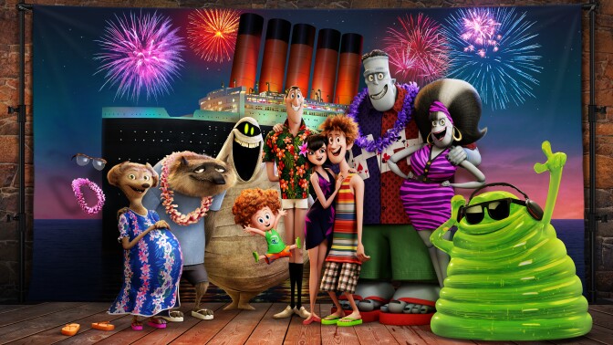 The whole Drac pack is back next summer for a monster vacation as Griffin the invisible man (David Spade), 
Wanda (Molly Shannon) & Wayne (Steve Buscemi) the werewolves, Murray the mummy (Keegan-Michael Key), Dennis (Asher Blinkoff), Dracula (Adam Sandler), Mavis (Selena Gomez) & Johnny (Andy Samberg), Frank (Kevin James) & Eunice (Fran Drescher), and Blobby get ready for a family voyage on a luxury monster cruise ship.