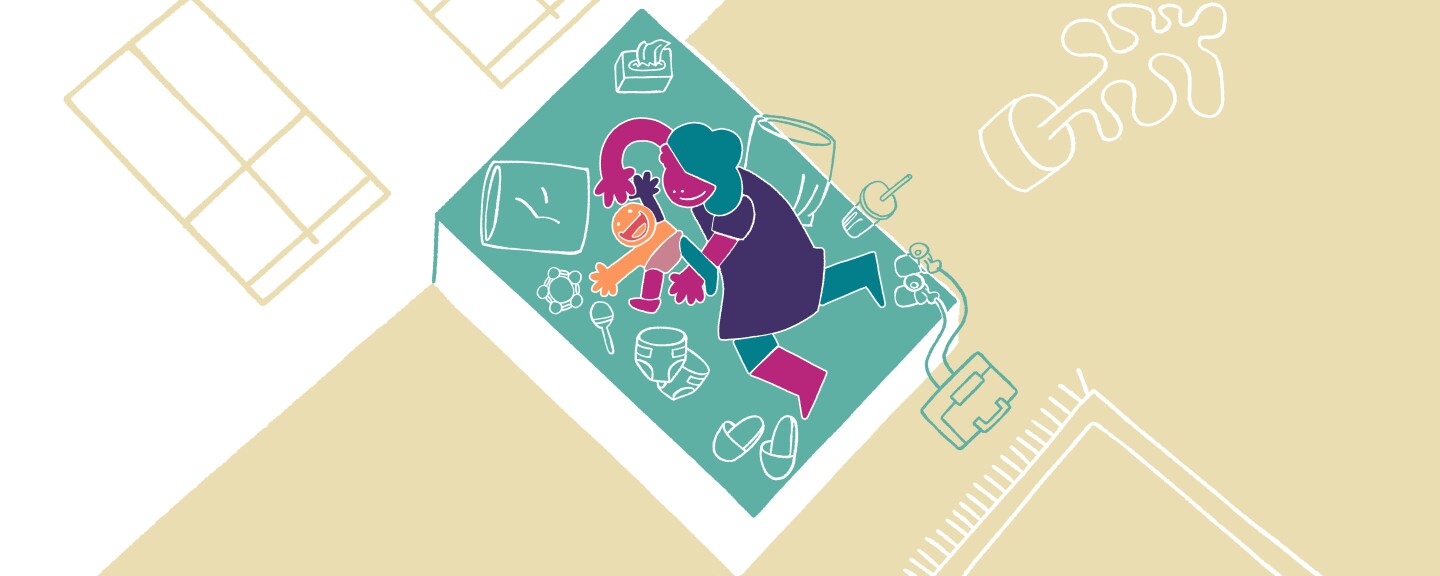 An illustration of a woman on a bed, playing with a small child. Pillows and other baby objects are laying around them.