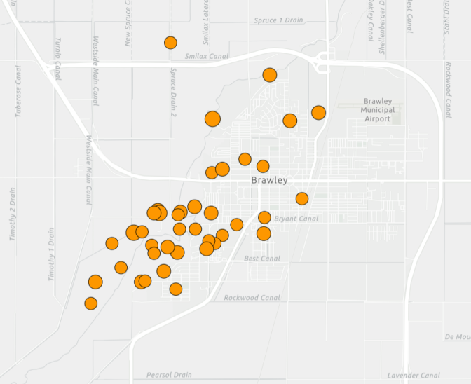 A bunch of orange spots on a map