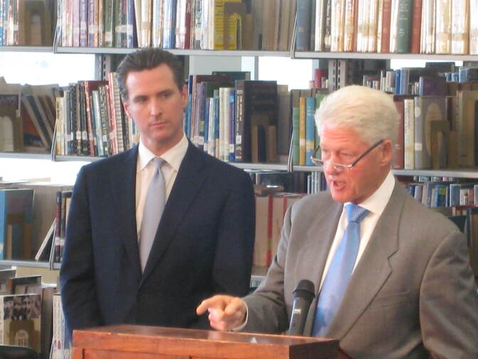 Former president Bill Clinton publicly endorses Gavin Newsom for governor at the energy-efficient library at Los Angeles CIty College.
